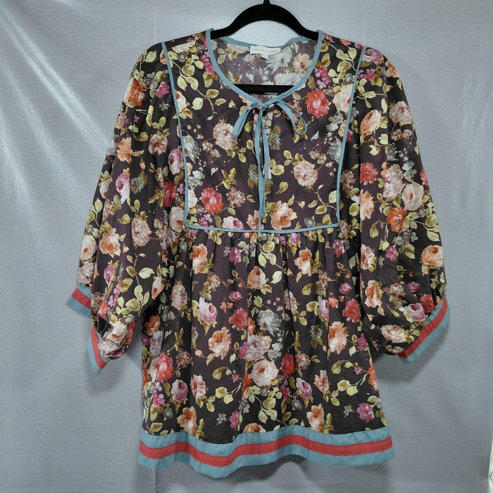 Entro Romantic Floral Puff Sleeve Peasant Blouse Women's XL Brown Multicolor